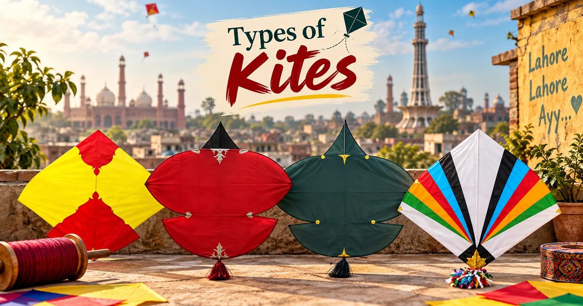 Four traditional kite shapes lined up on a rooftop wall against the Lahore skyline