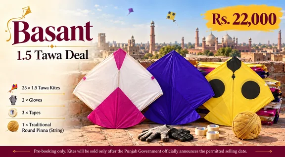 Basant 1.5 Tawa Deal, Rs 22,000, three large kites with pinna, gloves and tape